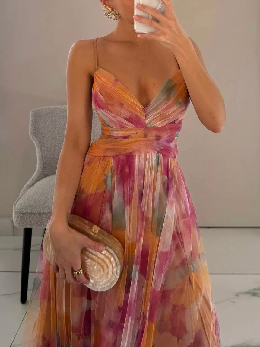 Elegant Painted Floral Print V-Neck A-Line Maxi Dress