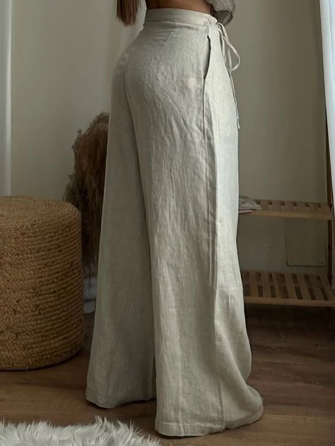 Beige Linen Wide-Leg Pants