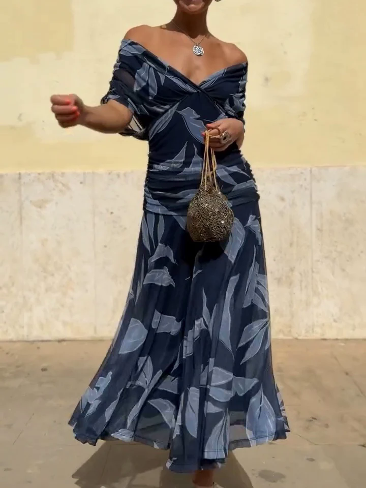 Dark Blue Leaf Print Dress