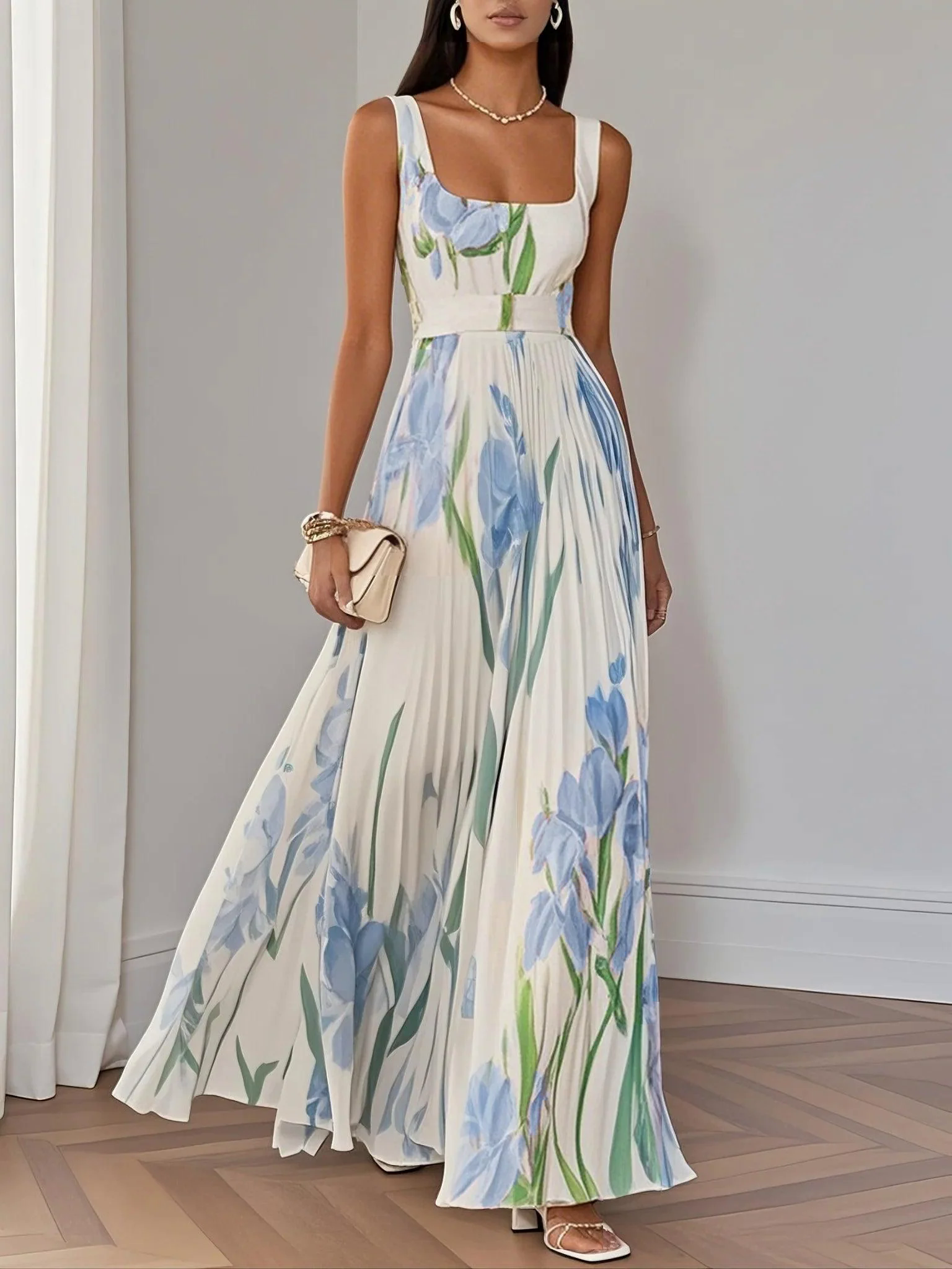 White Pleated Floral Chiffon Square Neck Sleeveless A-Line Maxi Dress