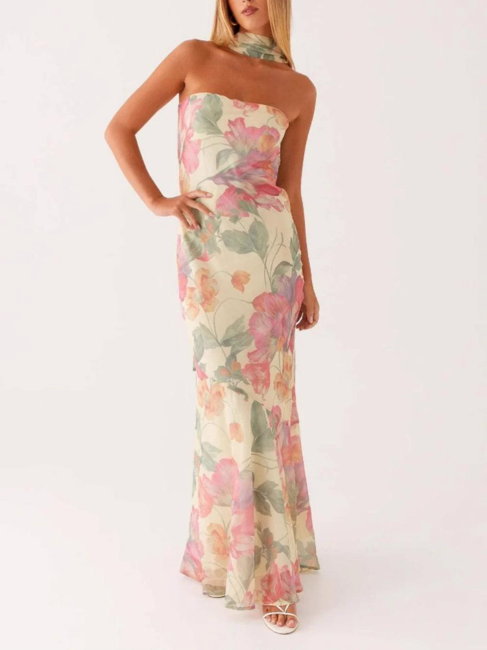 Digital print backless dress