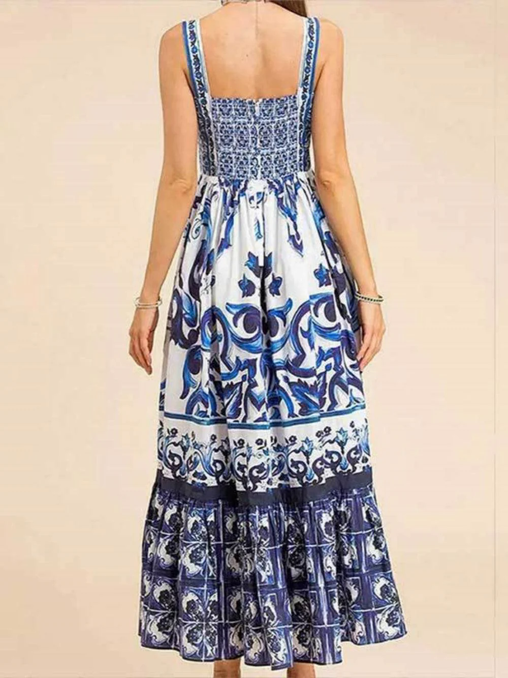 Printed Shirred Strap Maxi Dress