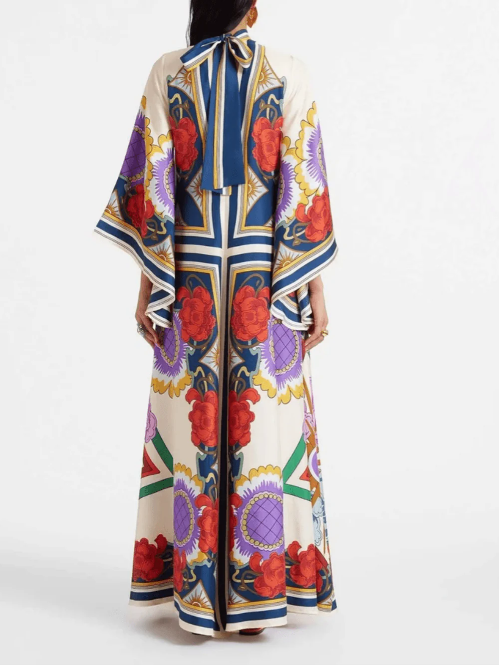 Exquisite Floral Print Draped Waterfall Sleeves Maxi Dress