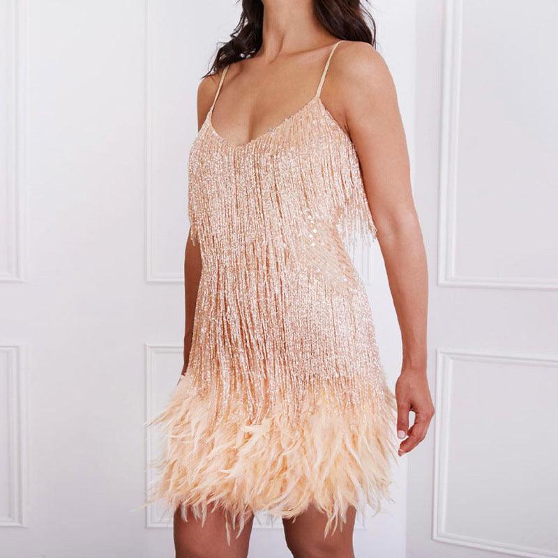 Shimmery Scoop Neck Sequin Fringe Feather Slip Flapper Mini Dress