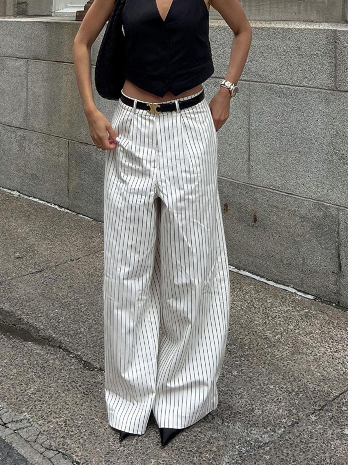 Striped Pockets Wide Leg Pants Without Belt