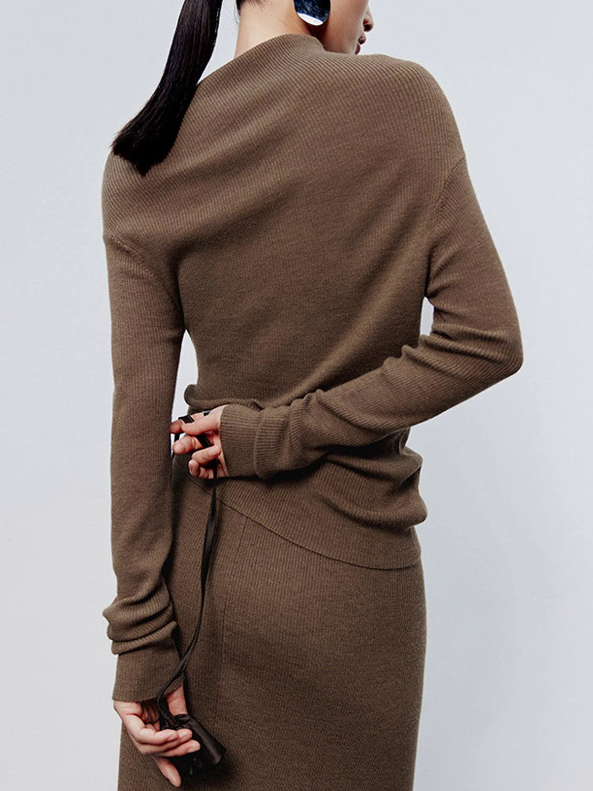 Caramel Asymmetric Neckline Long Sleeve Knit Top shkirt Suit