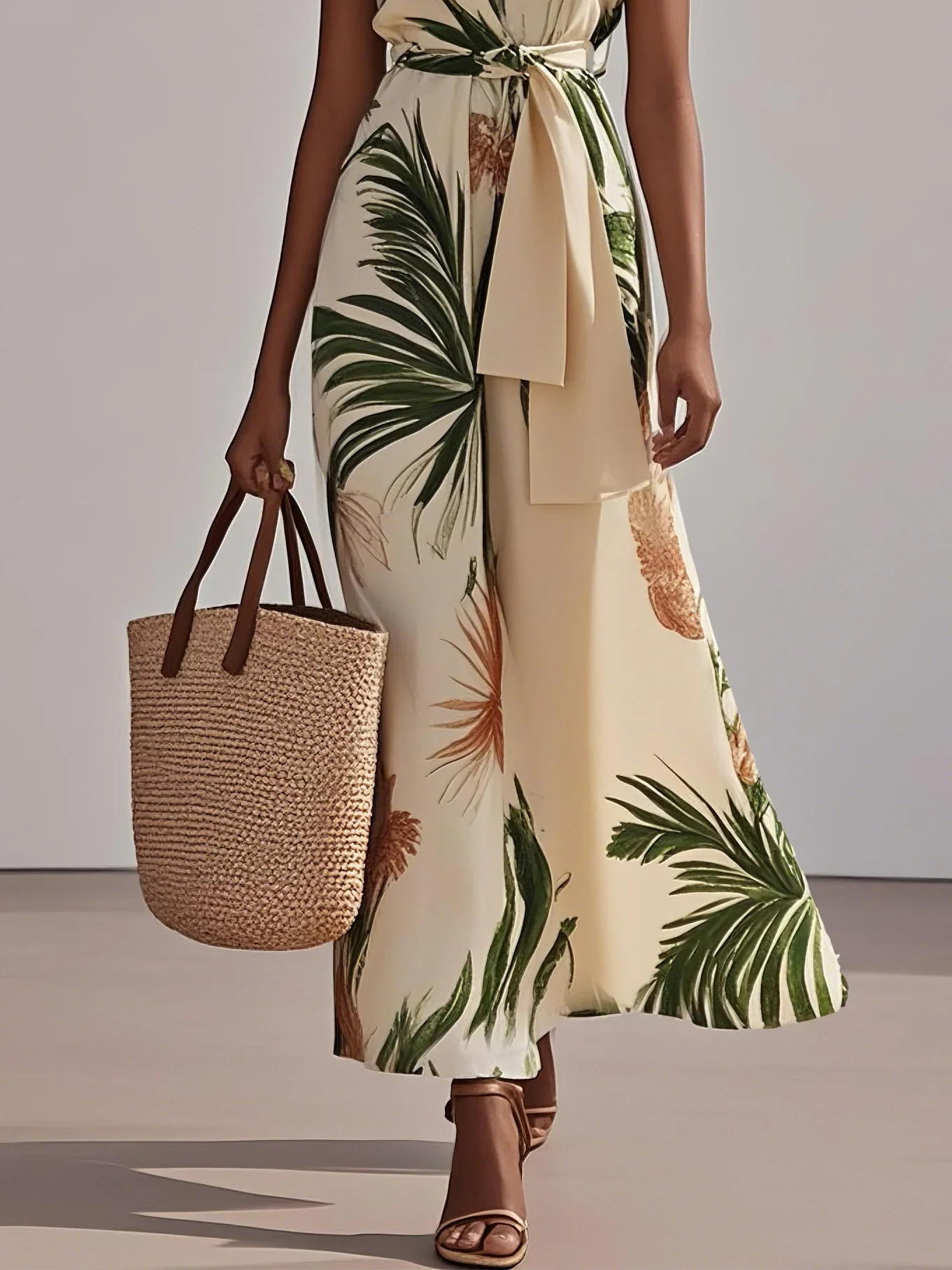 Beige Vacation Printing Floral Classic V Neck Maxi Dress