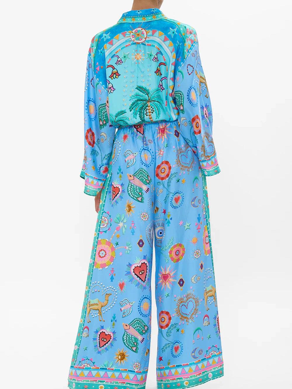 Embellished printed pleated twill wide-leg pants set