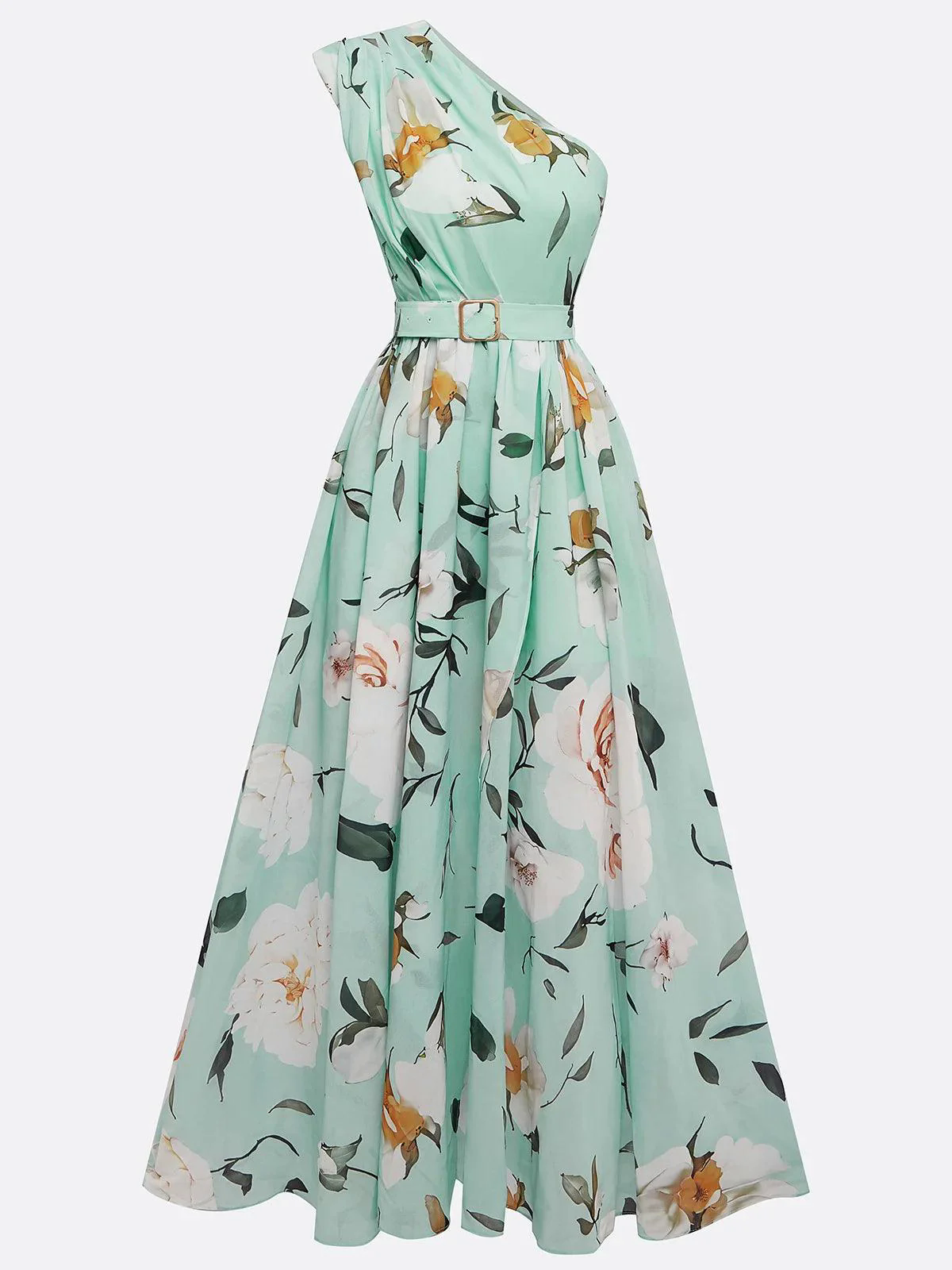 Light Green Floral Ruched One Shoulder A-Line Maxi Chiffon Dress