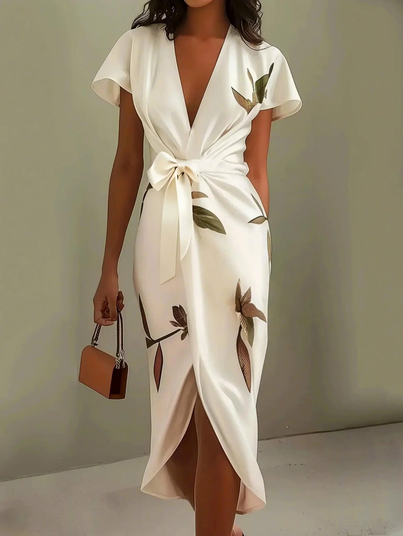 White Leaf Short Sleeve Satin Wrap Sheath Midi Dress