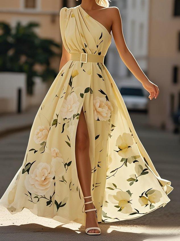 Light Green Floral Ruched One Shoulder A-Line Maxi Chiffon Dress