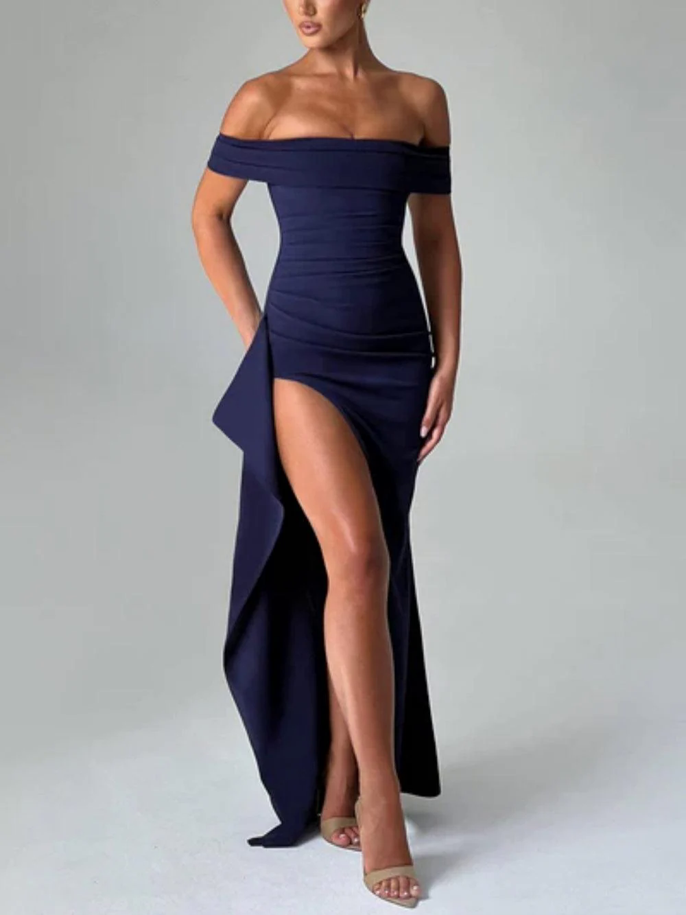 Off-shoulder slit maxi dress