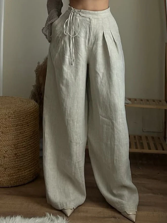 Beige Linen Wide-Leg Pants