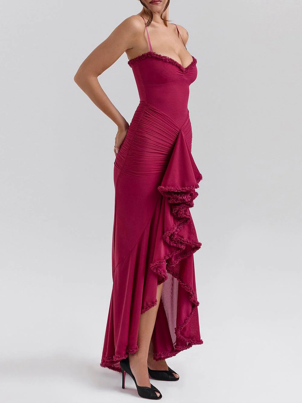 Off-the-shoulder mesh maxi dress