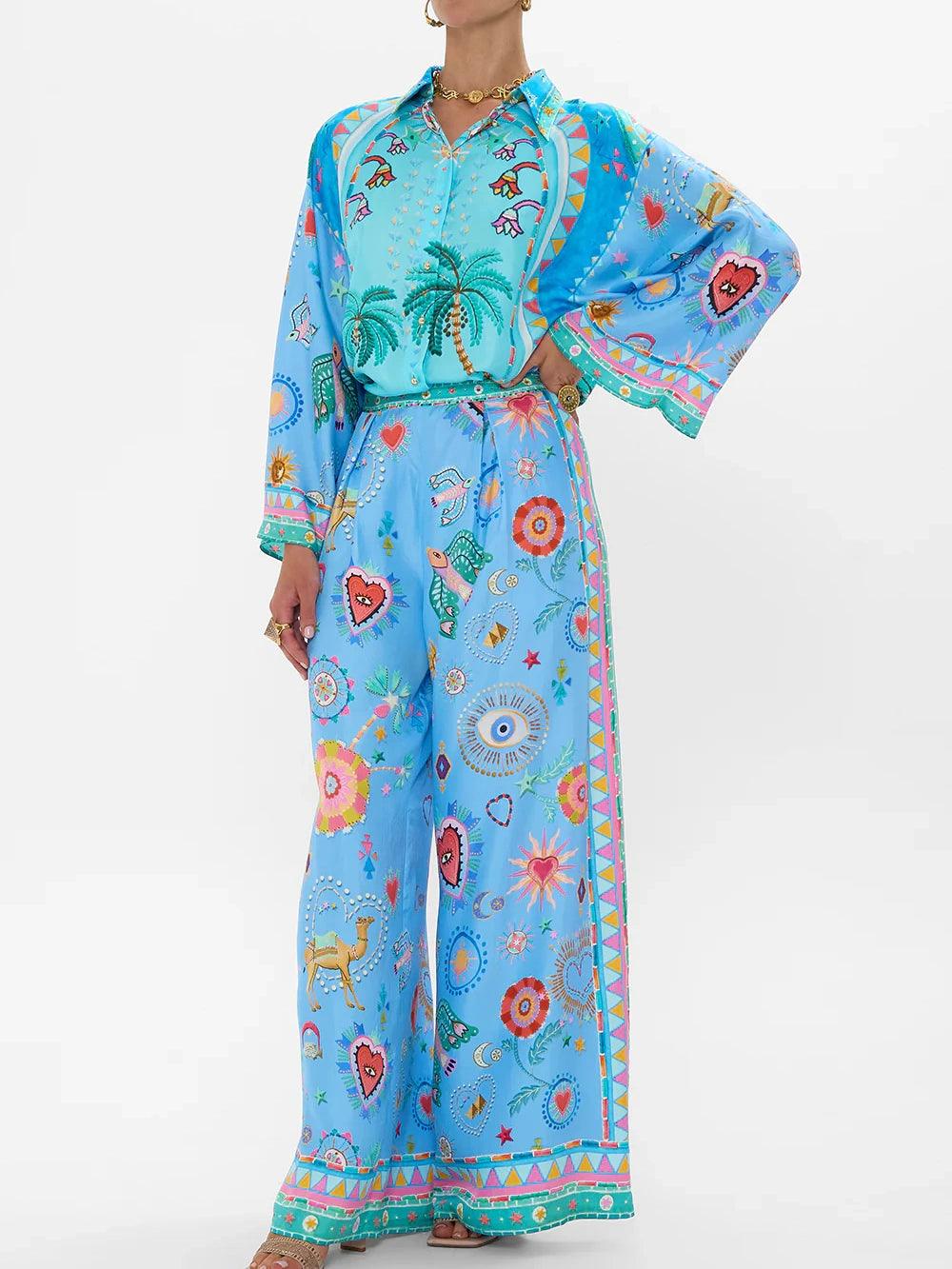 Embellished printed pleated twill wide-leg pants set