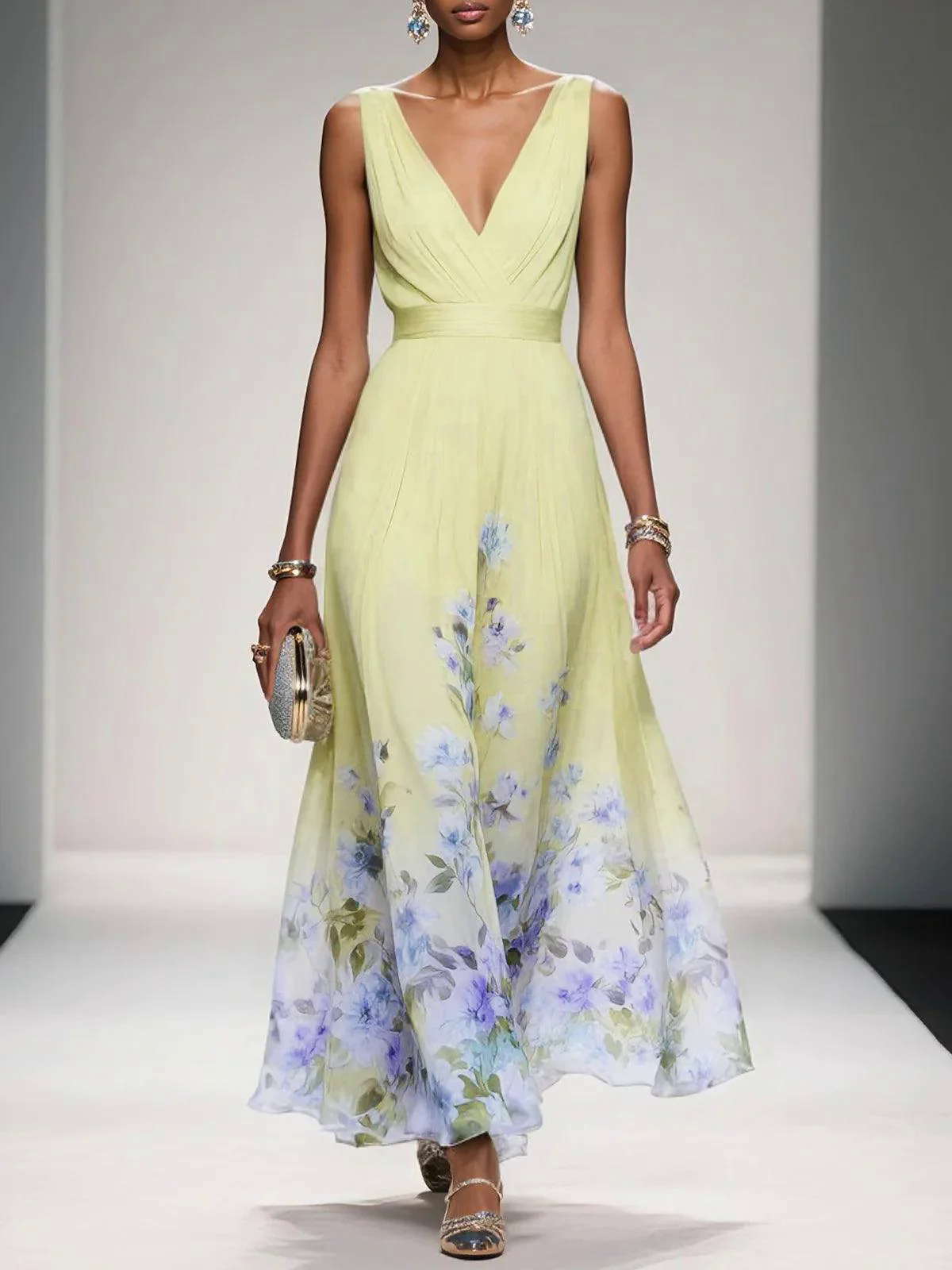 Light Blue Floral Chiffon V Neck Sleeveless A-Line Maxi Dress