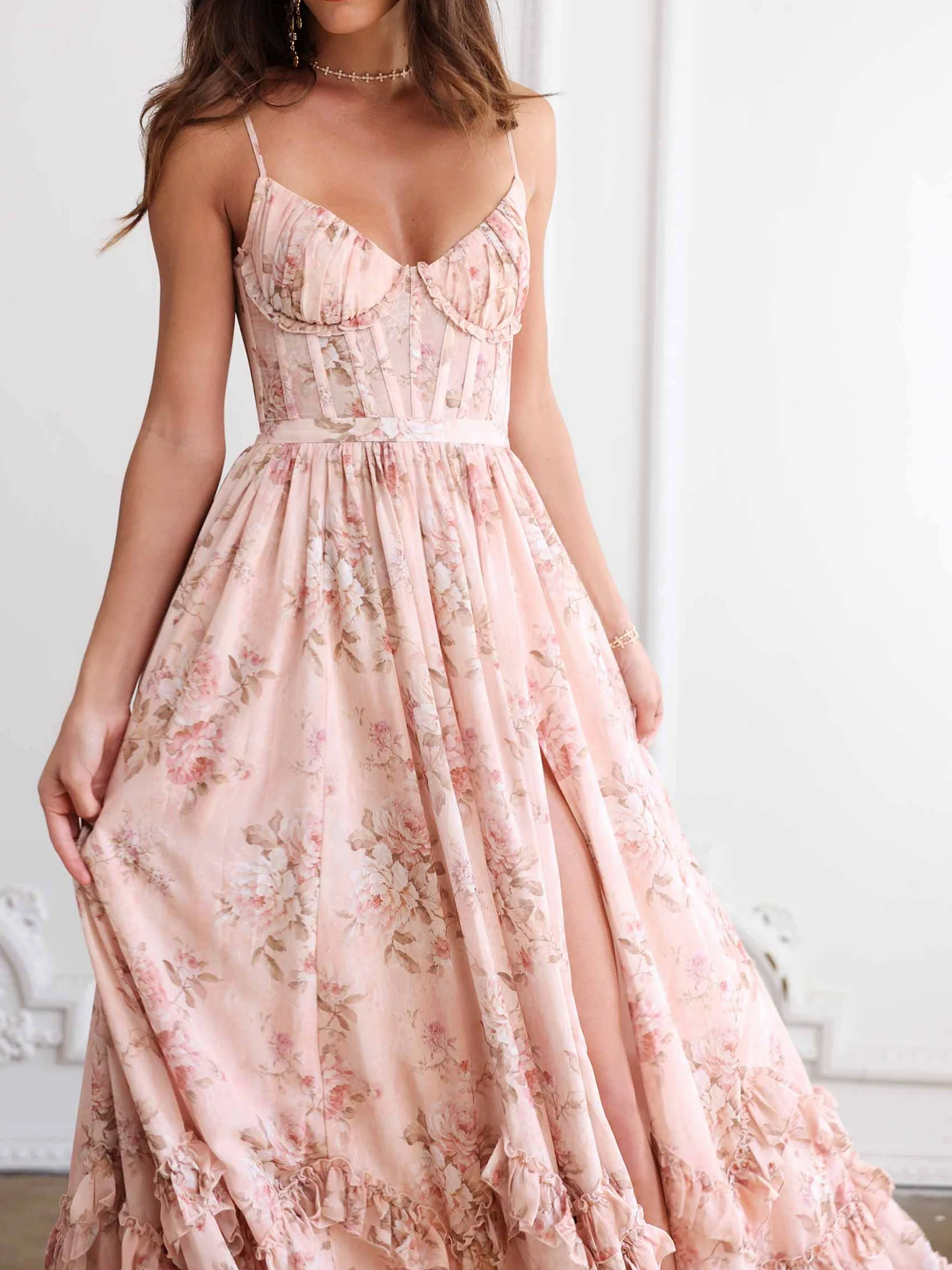 Floral Frill Split Maxi Dress