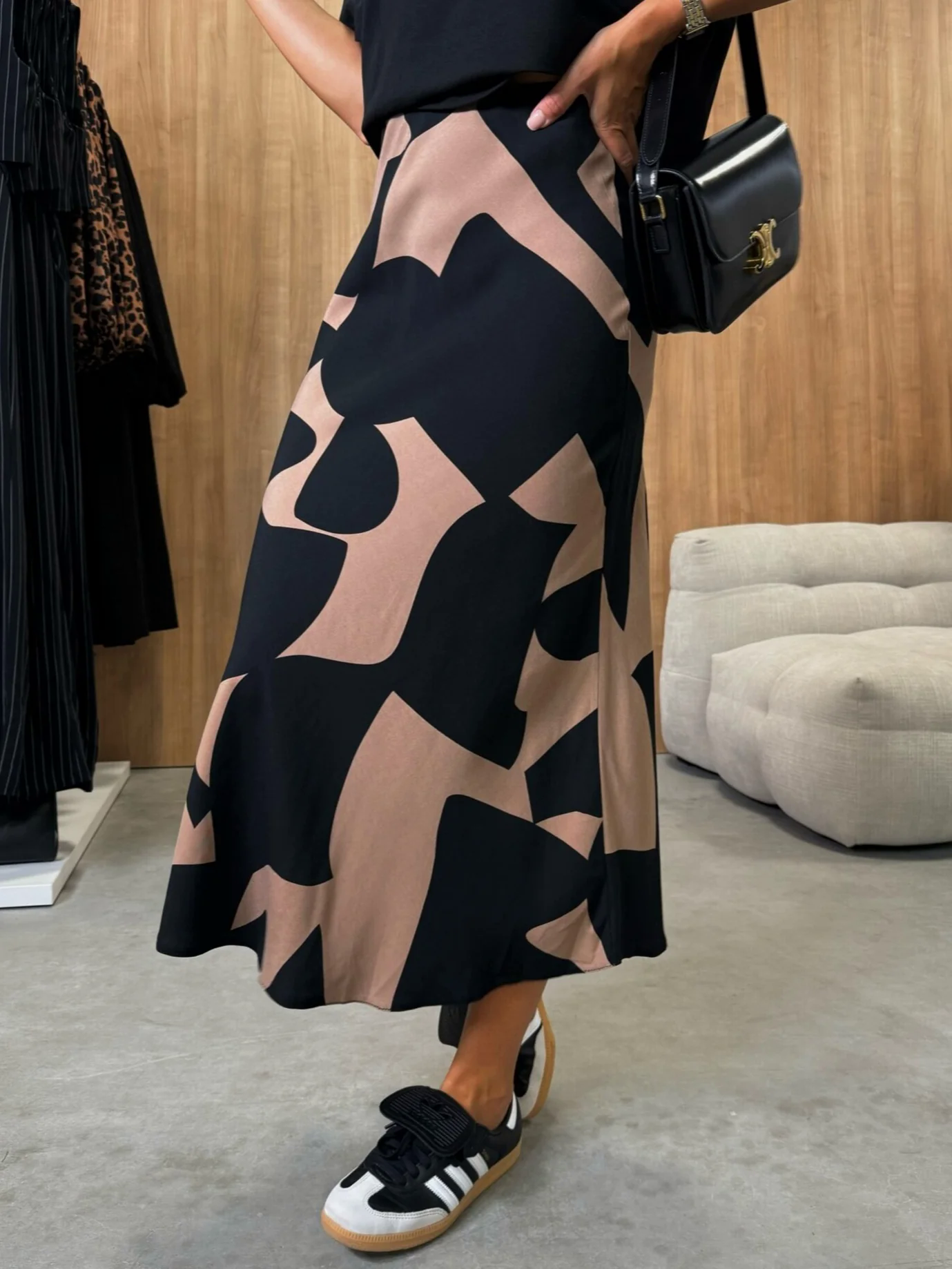 Colorblock Print Satin Skirt