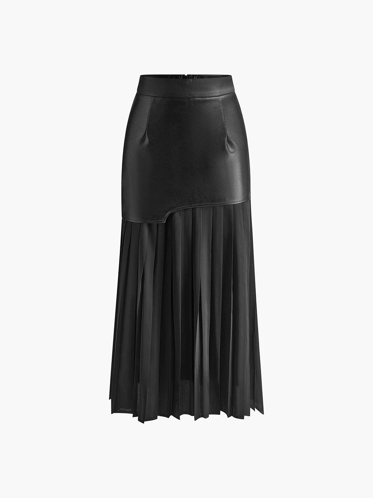 Asymmetric Patchwork Faux Leather Chiffon Pleated Midi Skirt