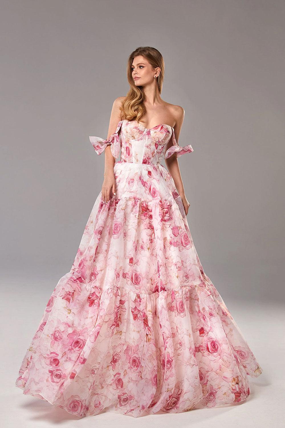 Organza Floral Print Tie Strap Maxi Dress