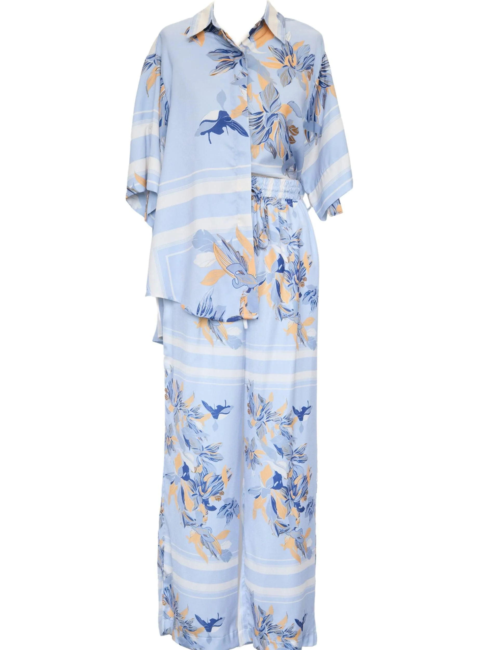 Powder Blue Floral Casual Loose Shirt and Trousers Set