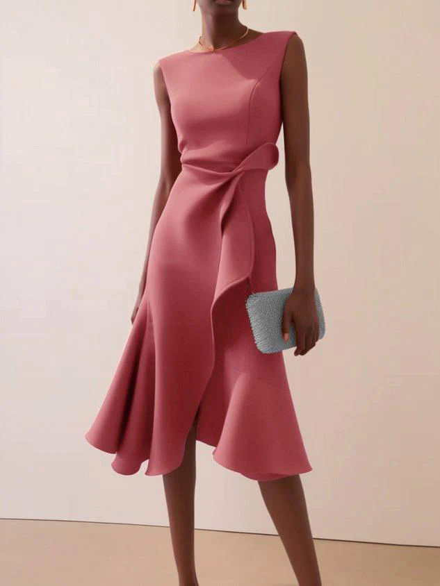 Red Sleeveless Midi Elegant A-line Dress with Waist Twist for Day-to-Night