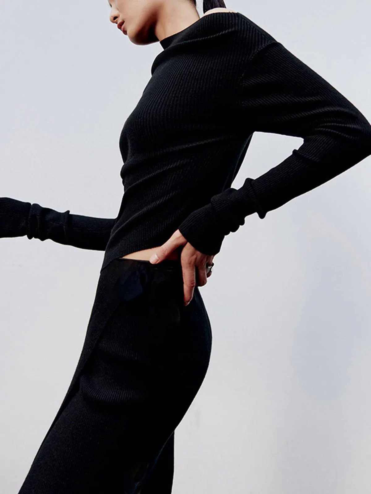 Caramel Asymmetric Neckline Long Sleeve Knit Top shkirt Suit