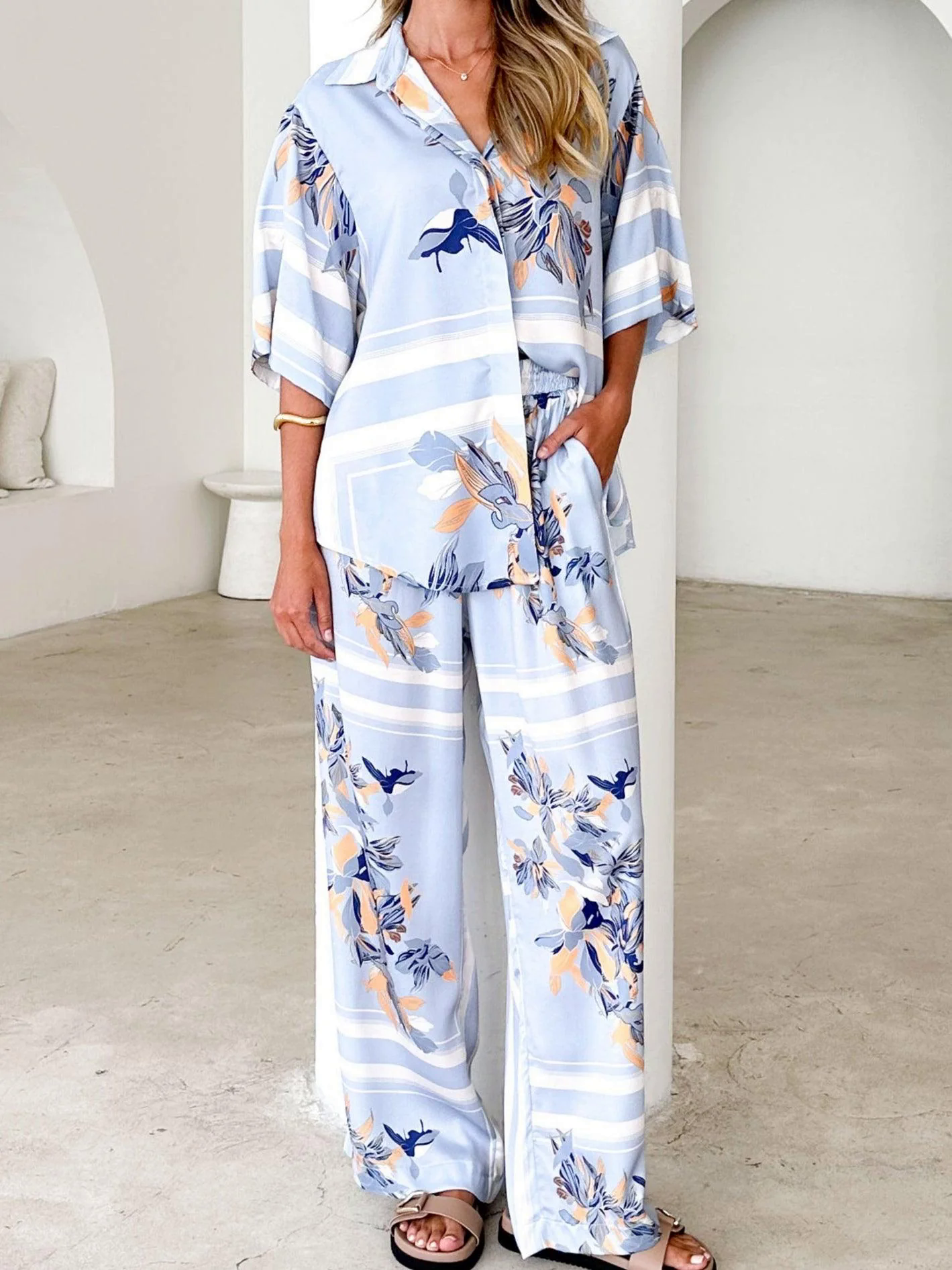 Powder Blue Floral Casual Loose Shirt and Trousers Set